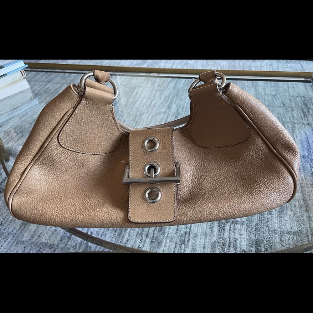 Prada beige leather bag with silver buckle & trim